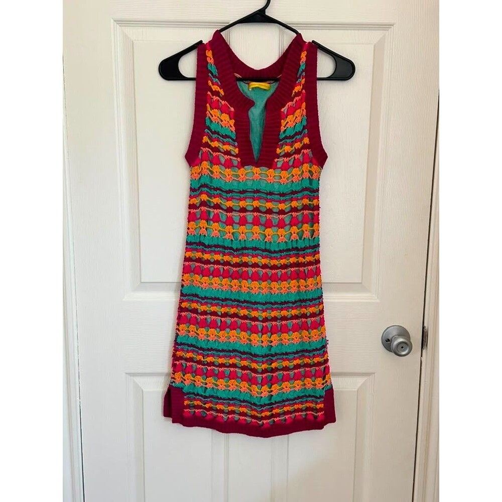 Catherine Malandrino Crochet Knit Sleeveless Sweater Dress Multicolor Size S